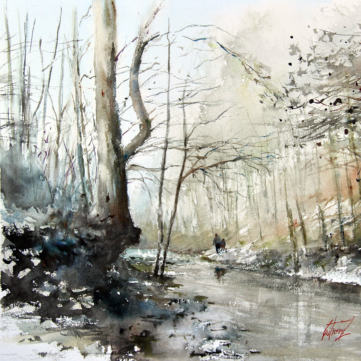 landscape watercolor painting in browns and greens of trees with no leaves and river creek running through and people walking along side