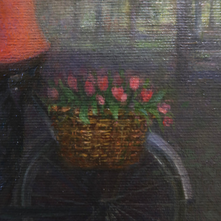 Girl in red shirt and hat riding bike with flowers in back through dark wooded green area shadows and slivers of light showing between trees oil landscape nature painting