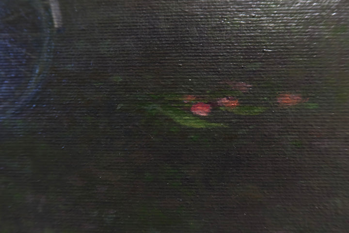 Girl in red shirt and hat riding bike with flowers in back through dark wooded green area shadows and slivers of light showing between trees oil landscape nature painting