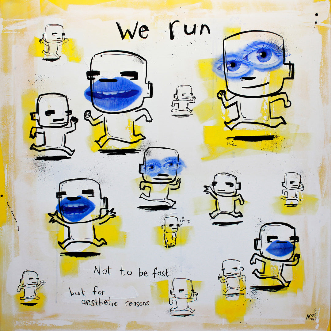 collage of doodled characters running in different directions with photorealistic blue mouth and blue eyes on white and yellow background