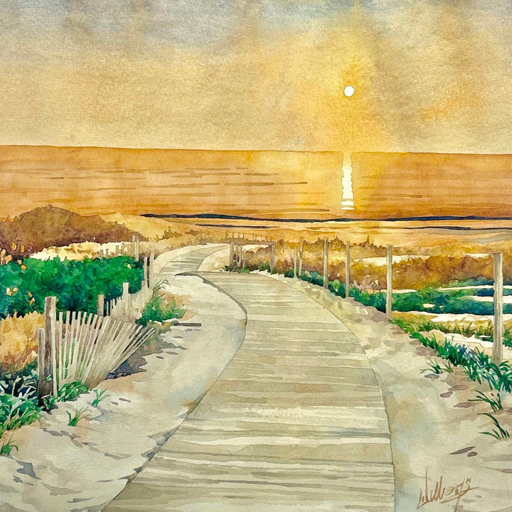 Watercolor of a wooden walkway down a beach with the sunrise in the background