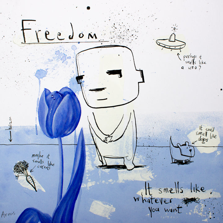 doodled sketchy character holding hands, with doodled dog, carrot and ufo, blue realistically painted flower tulip on blue and white background with handwritten text and ink splatter