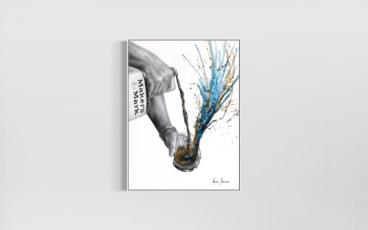 black and white realism arm hand pouring makers mark whisky into glass splatter paint expressionism in blue and gold