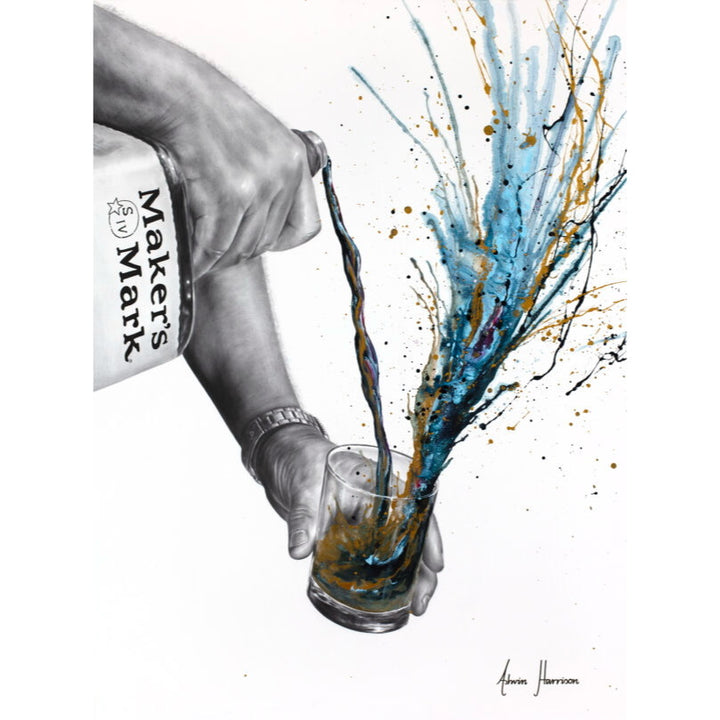 black and white realism arm hand pouring makers mark whisky into glass splatter paint expressionism in blue and gold