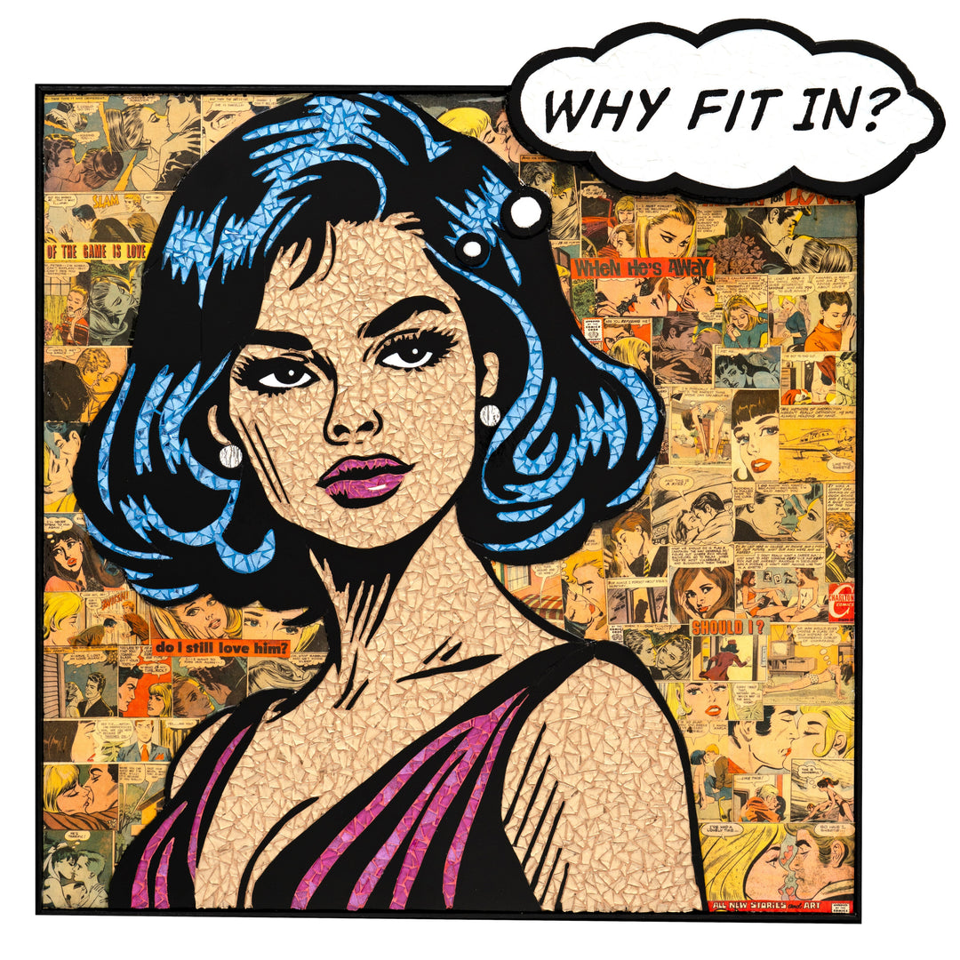 Glass mosaic artwork by Sarah Flishbein of a woman in the style of 60s comic art with a thought bubble saying "why fit in?" with a collage of woman in vintage comics behind her.