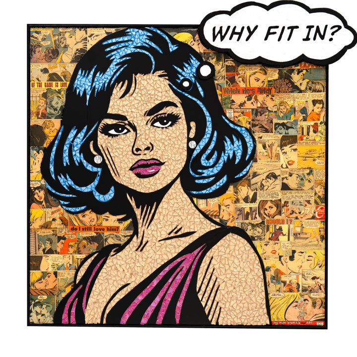 Comic female figure with black blue hair highlights, pink lips, pink dress in stained glass mosaic, text bubble and background of colorful comic strips retro vintage limited edition hand embellished print with glitter
