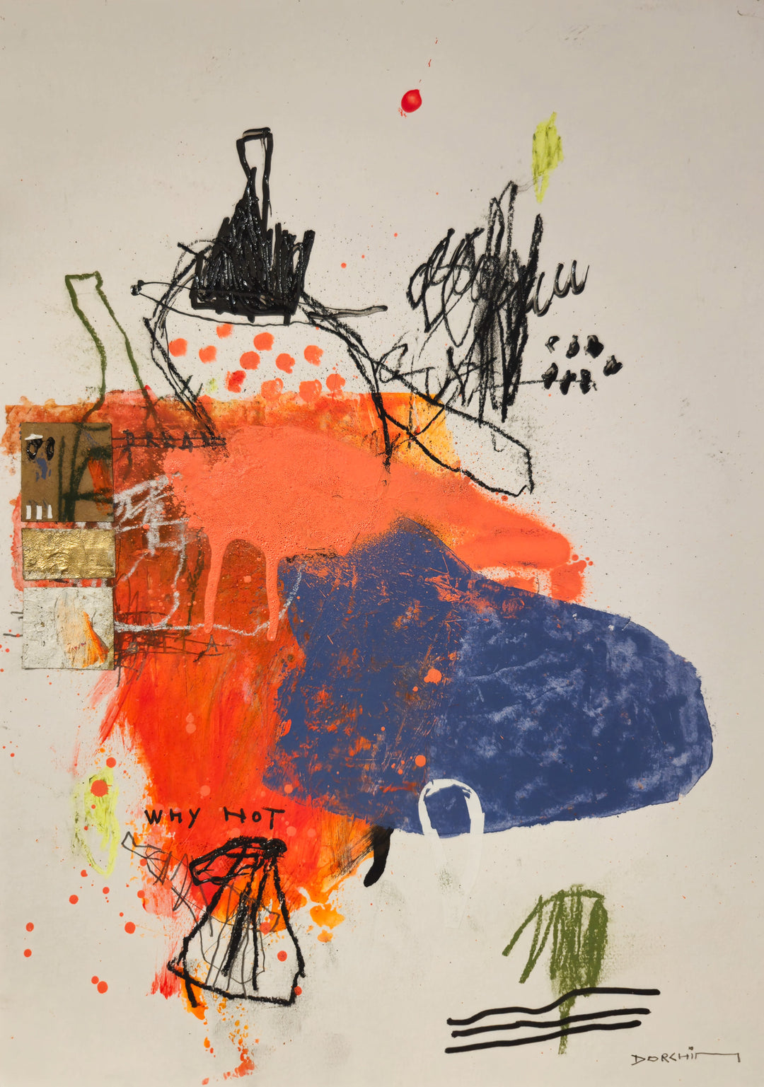 Abstract mixed media artwork on paper by Laurent Dorchin in black, pink, red, blue and white. Organic linework and minimal illustrations with collage and text elements.