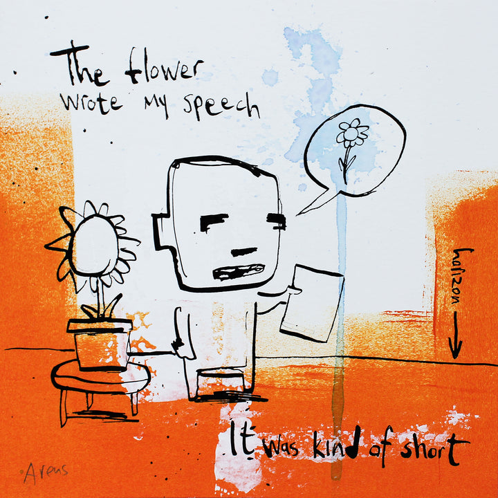 Comic doodle illustration in ink with orange and white background line drawing figures funny humor ice cream flower speech bubble