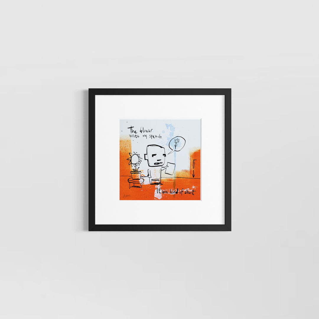 Comic doodle illustration in ink with orange and white background line drawing figures funny humor ice cream flower speech bubble