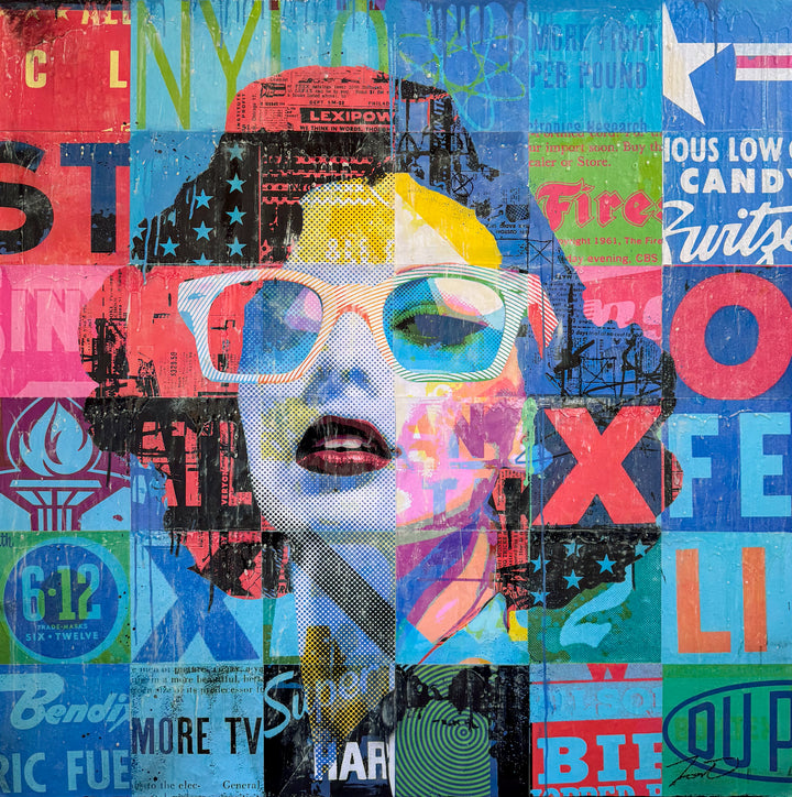 XOXO by Jon Davenport — full view of Neo-Pop mixed media painting on canvas, 48"x48", featuring a woman&