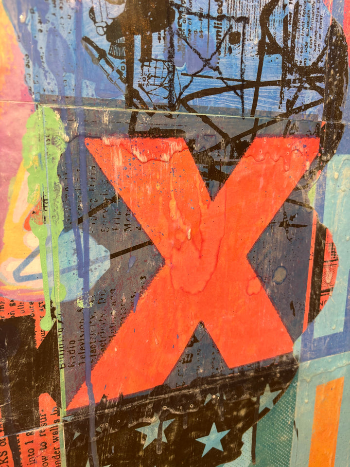 XOXO by Jon Davenport — angled detail of Neo-Pop mixed media painting featuring a bold orange "X" over layered collage with stars and distressed texture