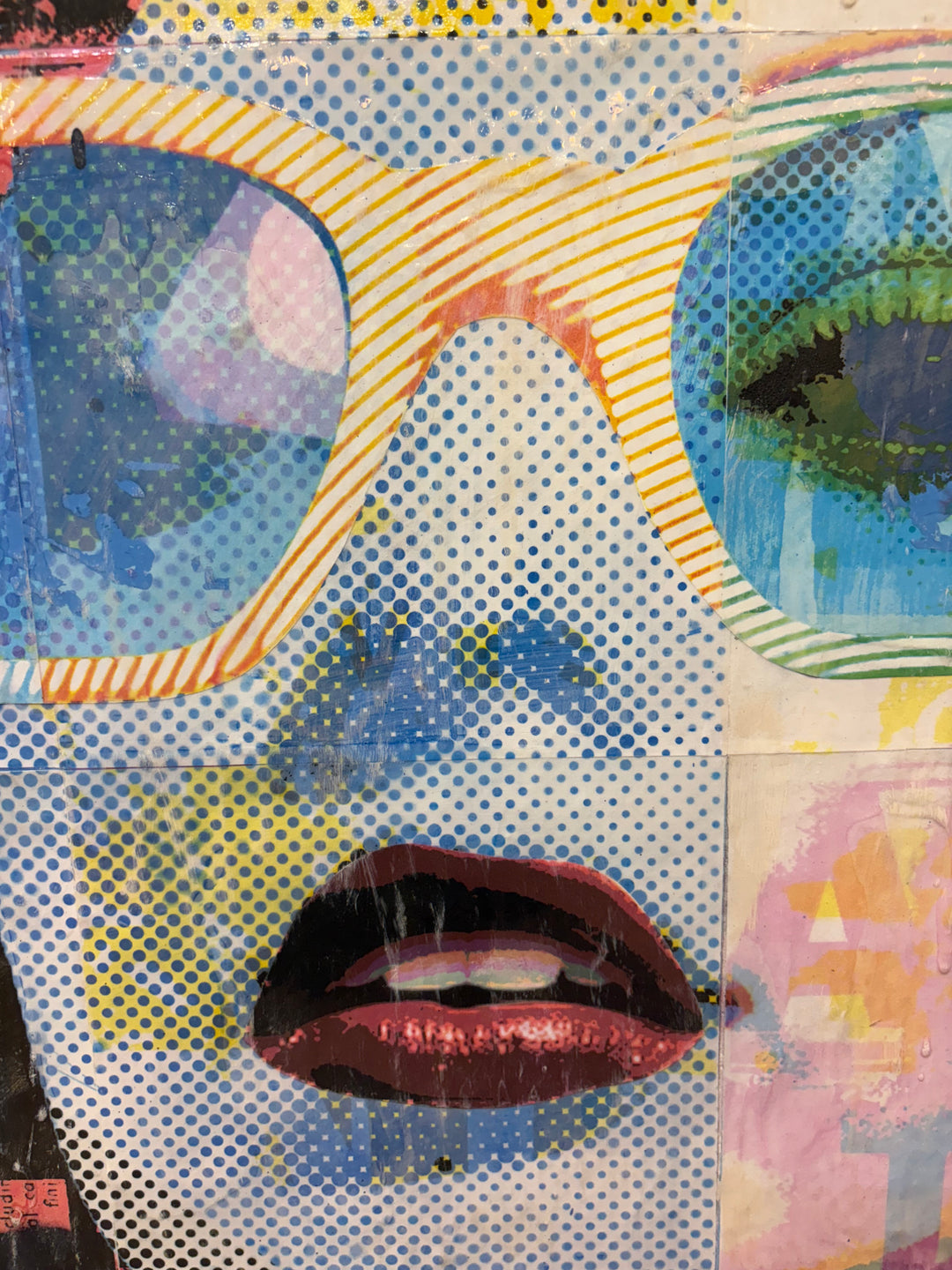 XOXO by Jon Davenport — close-up detail of Neo-Pop mixed media painting showing a woman&