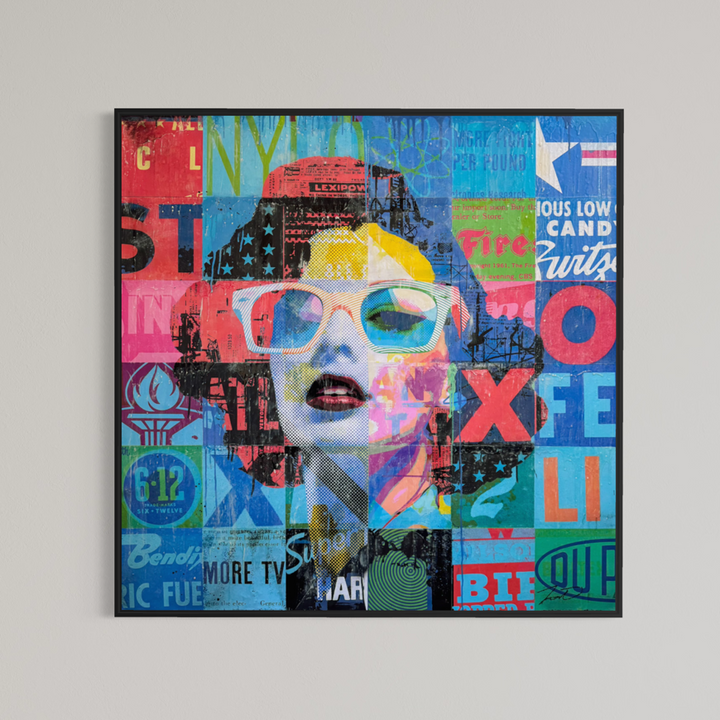 XOXO by Jon Davenport — framed Neo-Pop mixed media painting displayed against a neutral wall, showing the artwork in a black frame