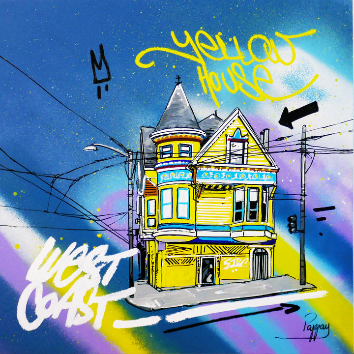 west coast little yellow house on street graphic illustration on spray paint blue background