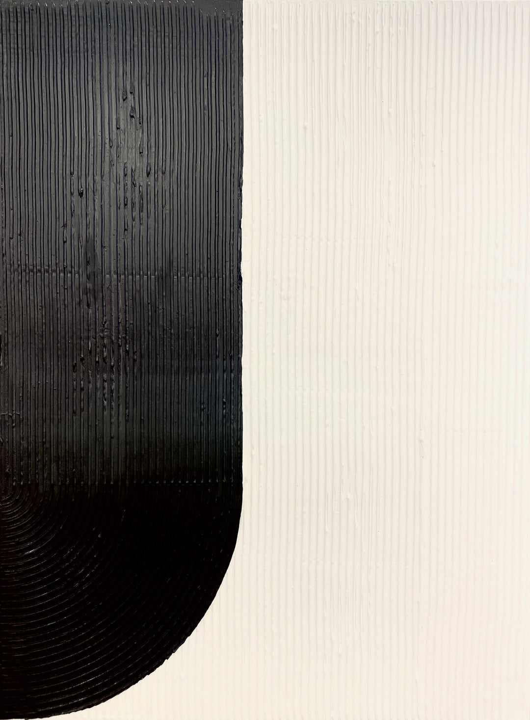 Yin + Yang by Lee in Cerulean. Diptych of textured paint in vertical lines, featuring white and black opposite arch shapes as yin &amp; yang.