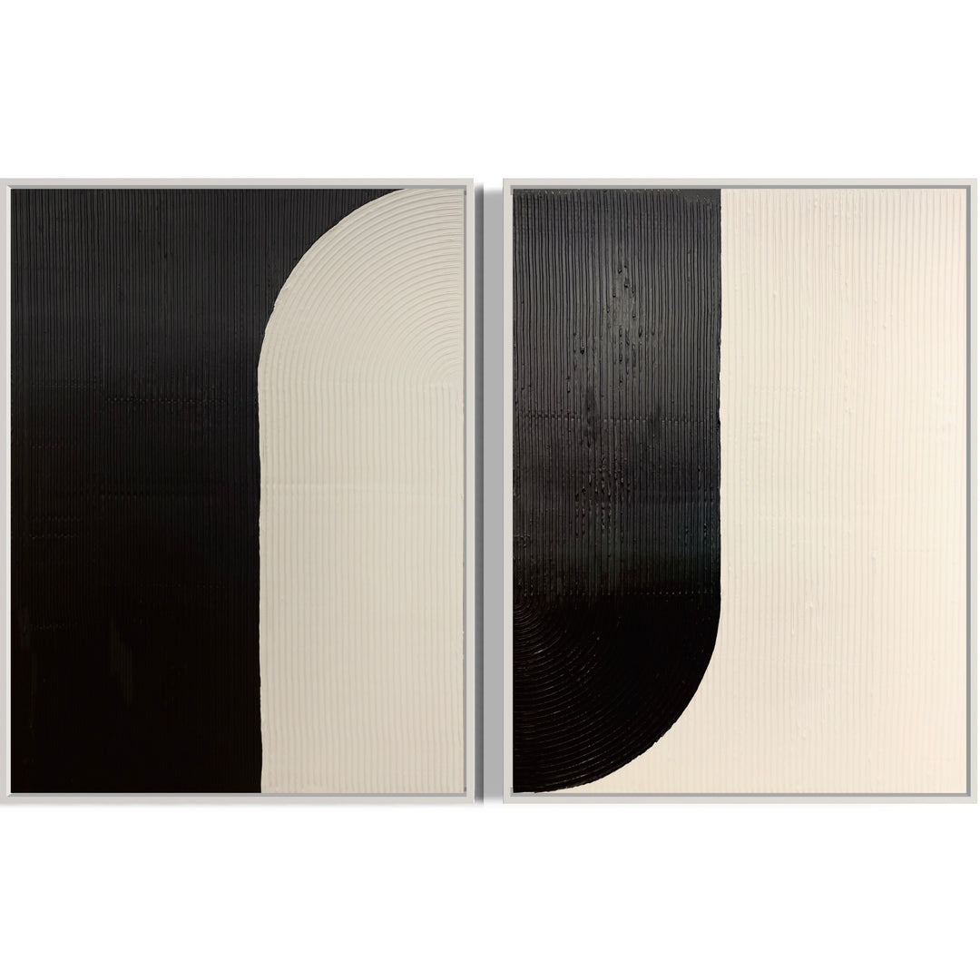 Yin + Yang by Lee in Cerulean. Diptych of textured paint in vertical lines, featuring white and black opposite arch shapes as yin &amp; yang.