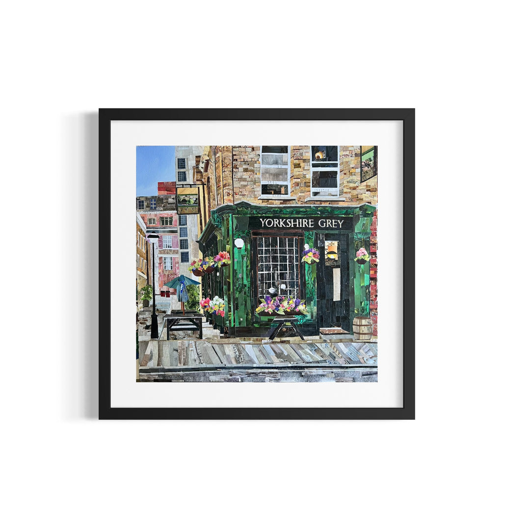 magazine cut paper collage art floral pub front green sign yorkshire grey united kingdom landmark cobblestone picnic table bench building