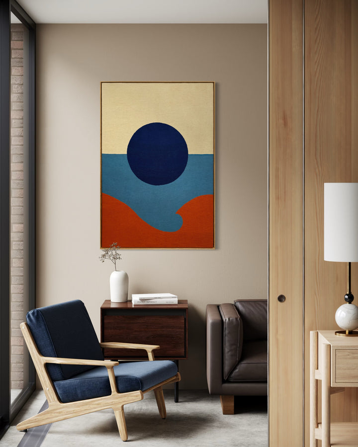 chain stitched embroidery textile fabric framed abstract geometric blue dot split composition negative space white and blue with orange wave in foreground