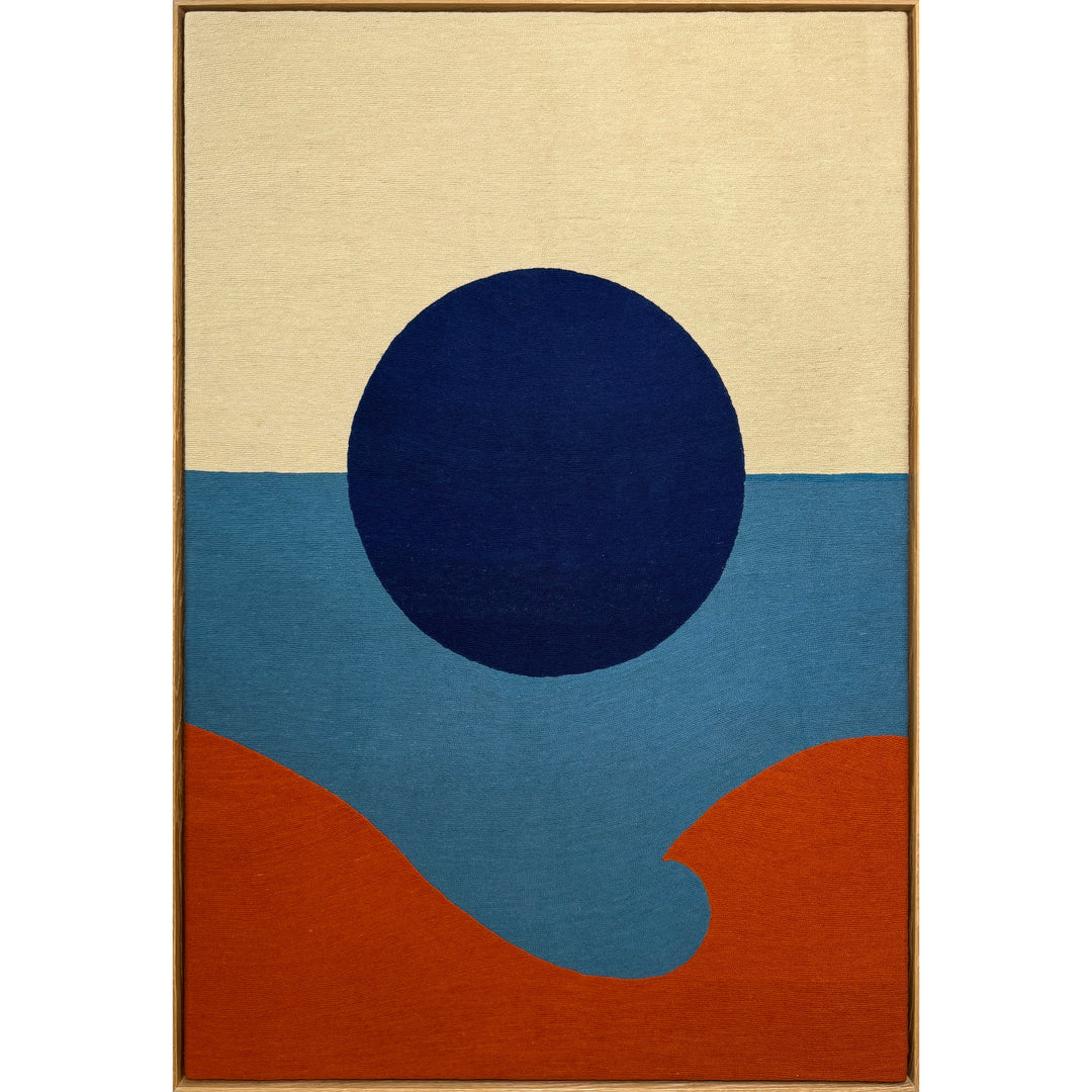 chain stitched embroidery textile fabric framed abstract geometric blue dot split composition negative space white and blue with orange wave in foreground