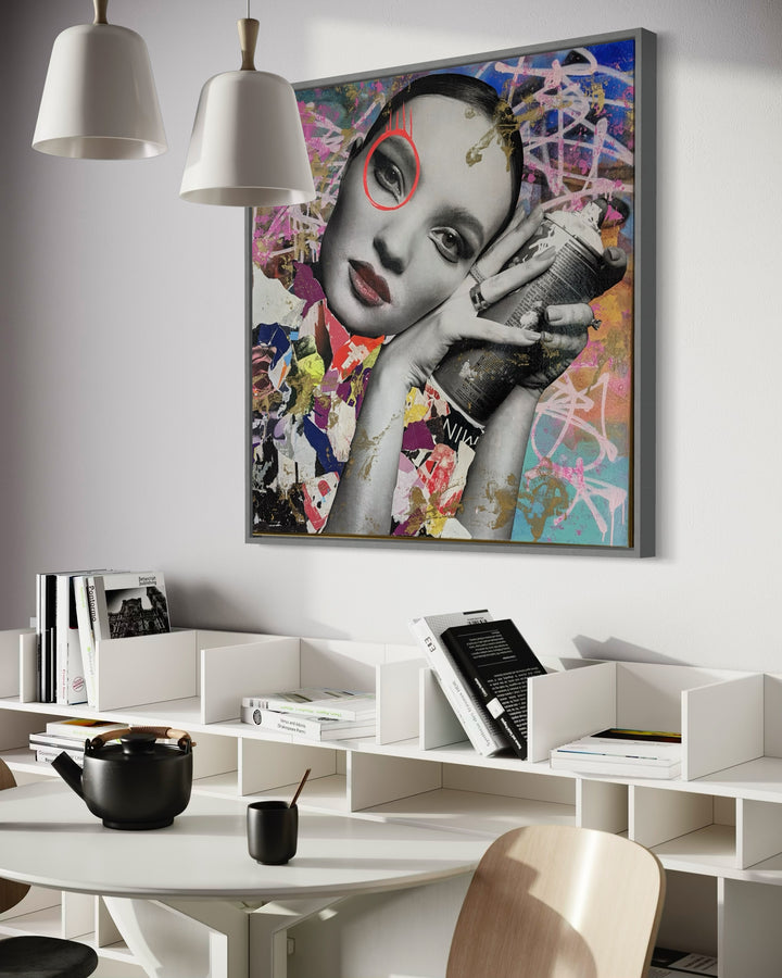 36" x 36" Acrylic paint, spray paint, wheat-paste, vintage advertisements, printed fragments on canvas. Woman posed with a paint can surrounded by colorful graphics with DAIN&
