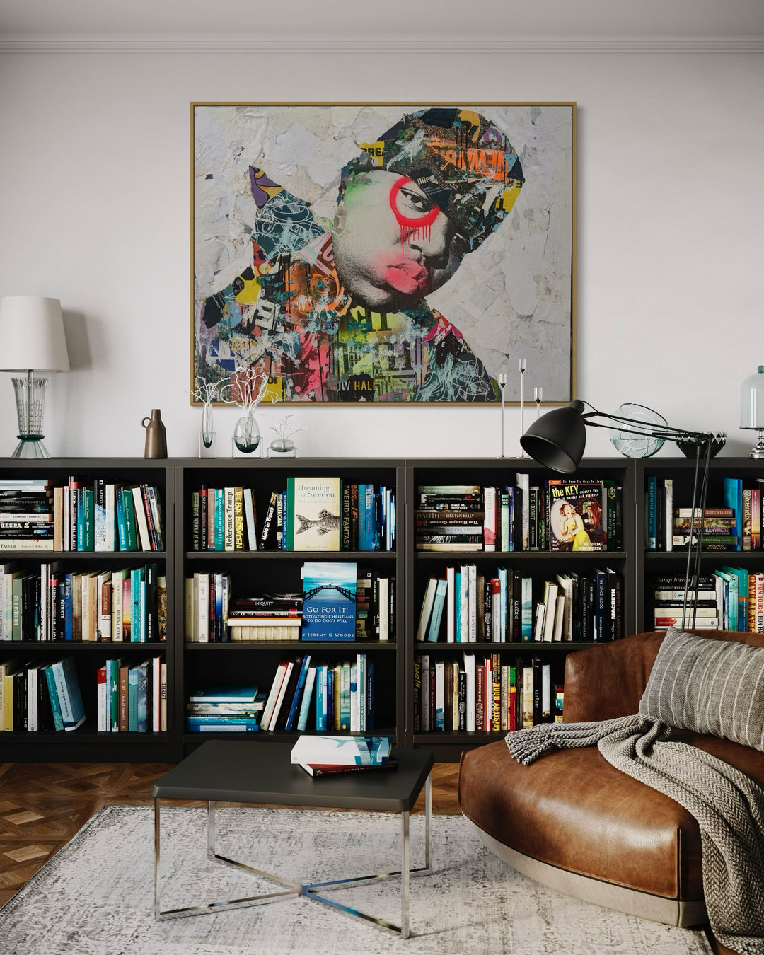 60"W x 48"H Acrylic paint, spray paint, wheat-paste, vintage advertisements, printed fragments on canvas. Biggie Smalls with graphics and DAIN&