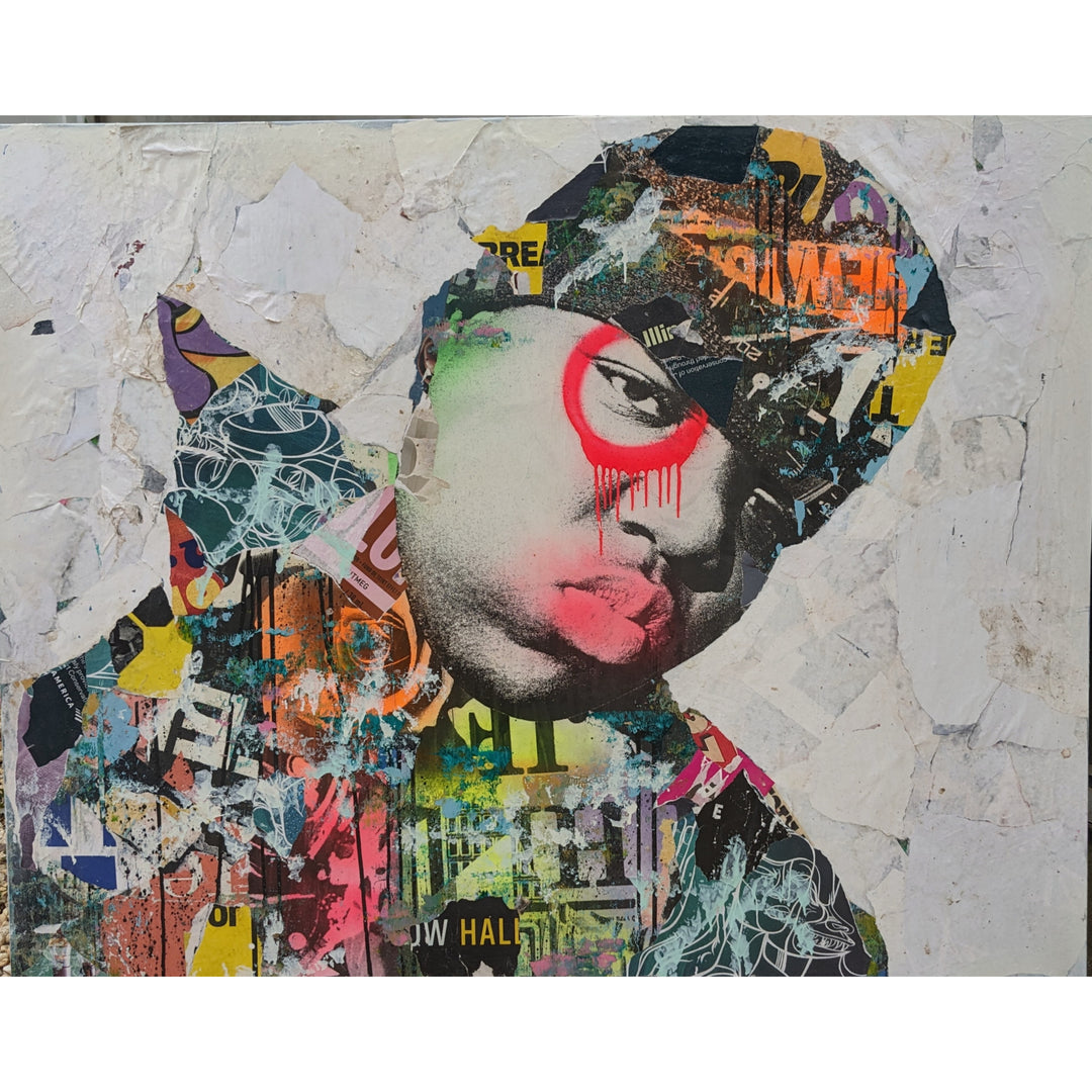 60"W x 48"H Acrylic paint, spray paint, wheat-paste, vintage advertisements, printed fragments on canvas. Biggie Smalls with graphics and DAIN&