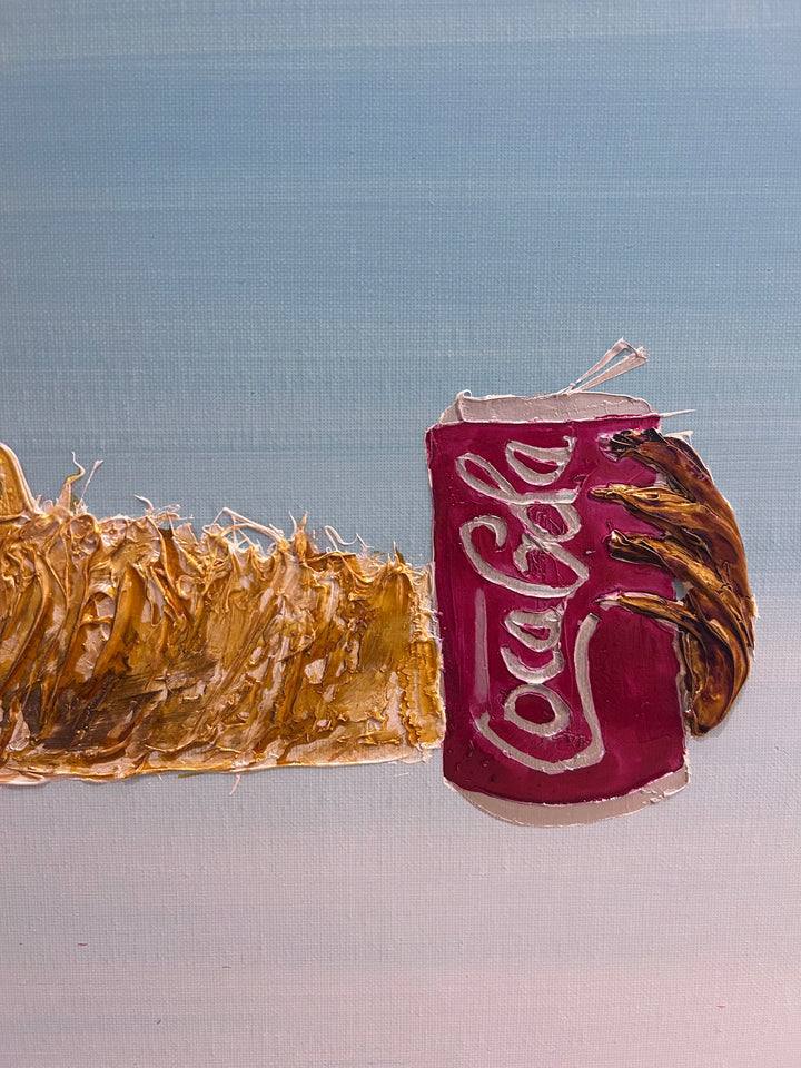 36" x 36" acrylic on canvas painting of a beige sloth hanging from a branch with a coca cola over a blue gradient background. 