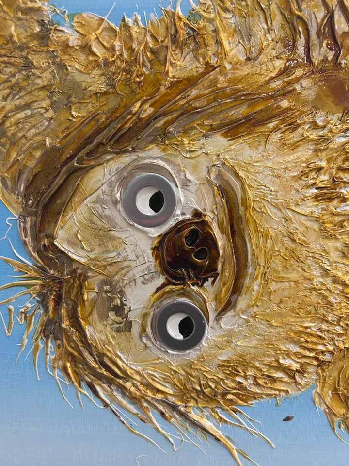 36" x 36" acrylic on canvas painting of a beige sloth hanging from a branch with a coca cola over a blue gradient background. 