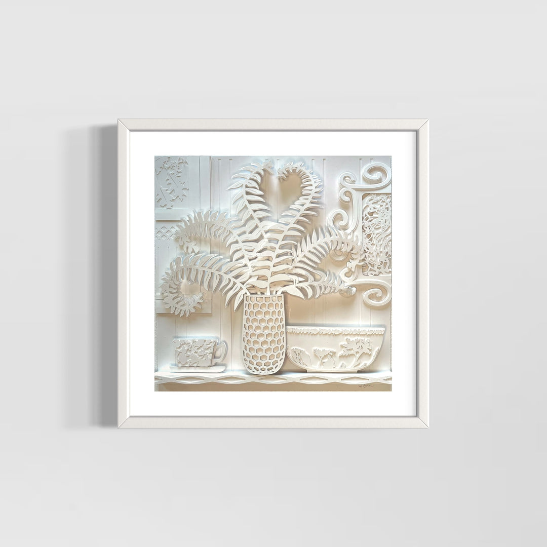 14"x14" layered white paper forming a vase with a fern over a wall.  