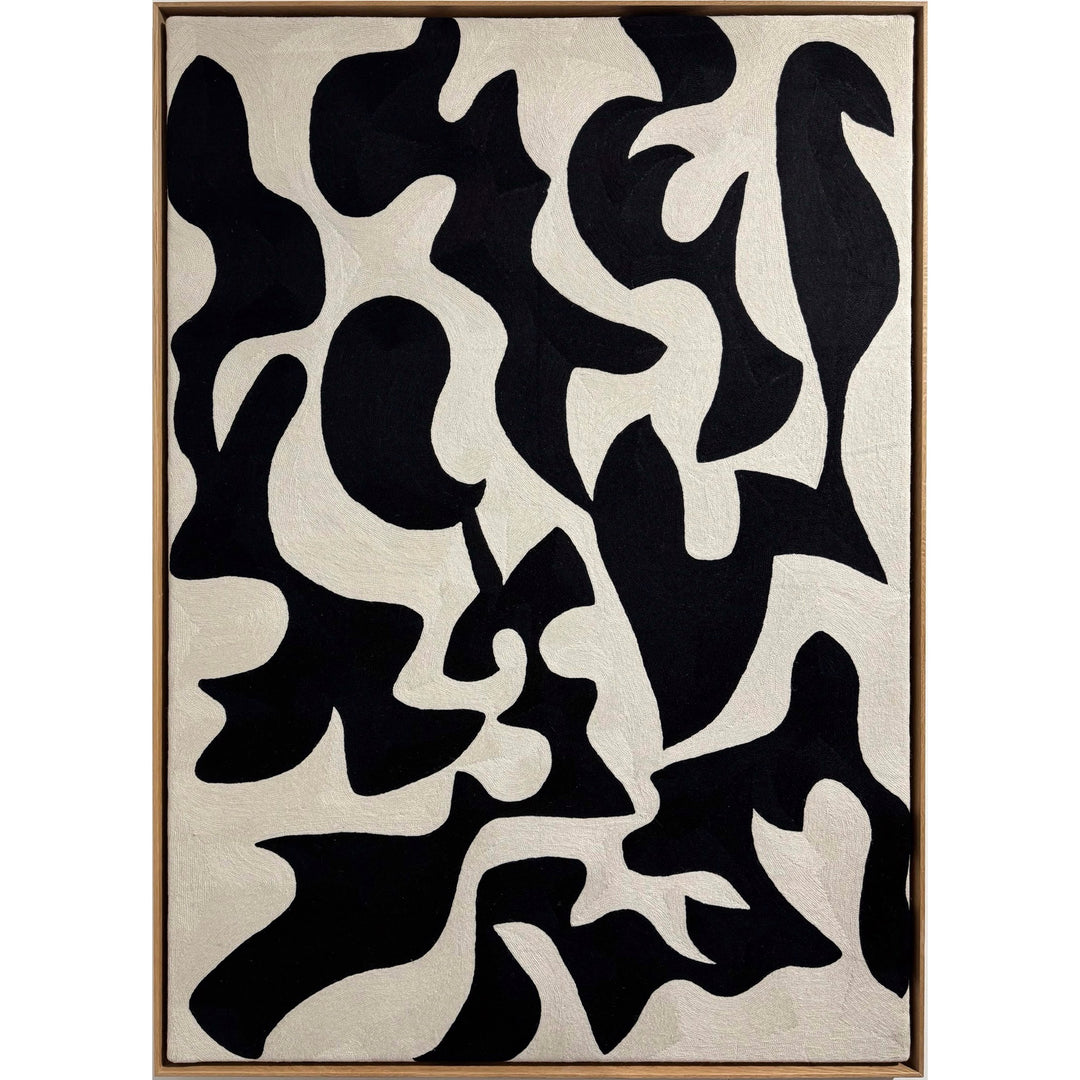chain stitched textile embroidery abstract black and white negative space pattern shapes in wood frame