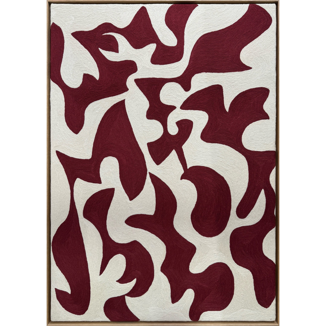abstract shapes in rust orange red color on cream white background embroidery textile chain stitched design negative space shapes and patterns 