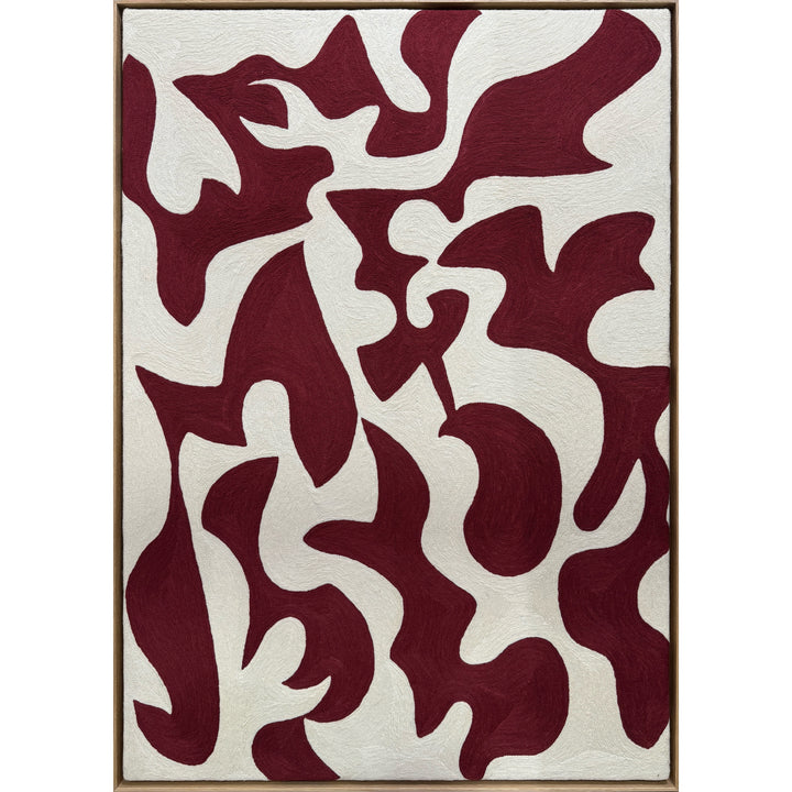 abstract shapes in rust orange red color on cream white background embroidery textile chain stitched design negative space shapes and patterns 