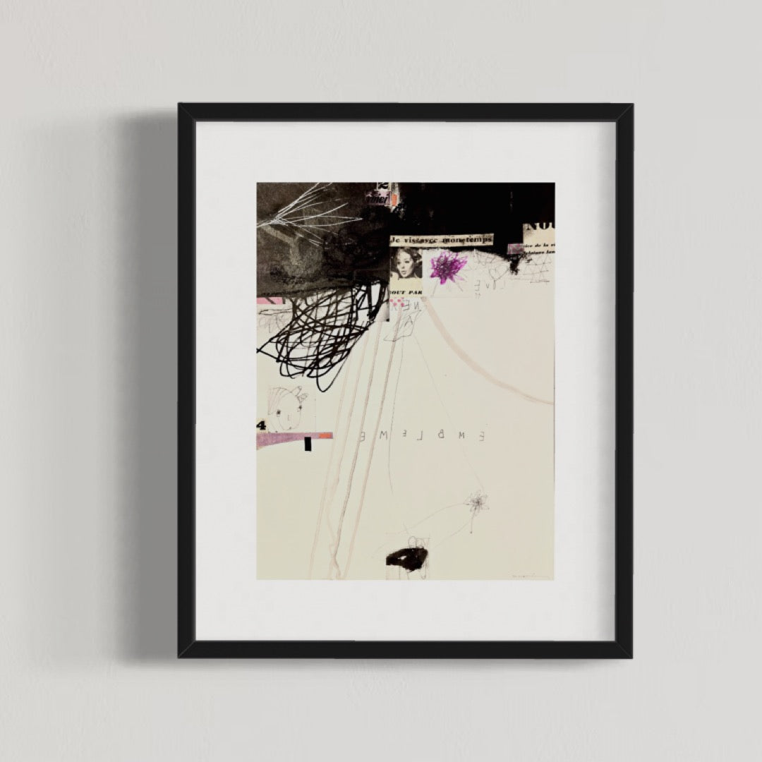 Abstract mixed media artwork on paper by Laurent Dorchin in black, purple and white. Organic linework and minimal illustrations with collage and text elements.
