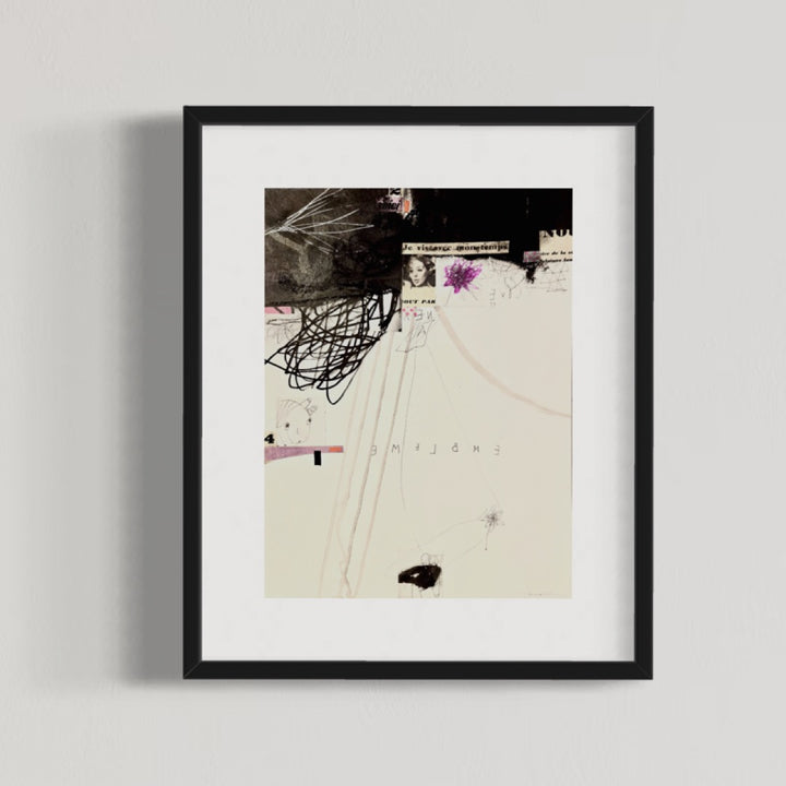 Abstract mixed media artwork on paper by Laurent Dorchin in black, purple and white. Organic linework and minimal illustrations with collage and text elements.