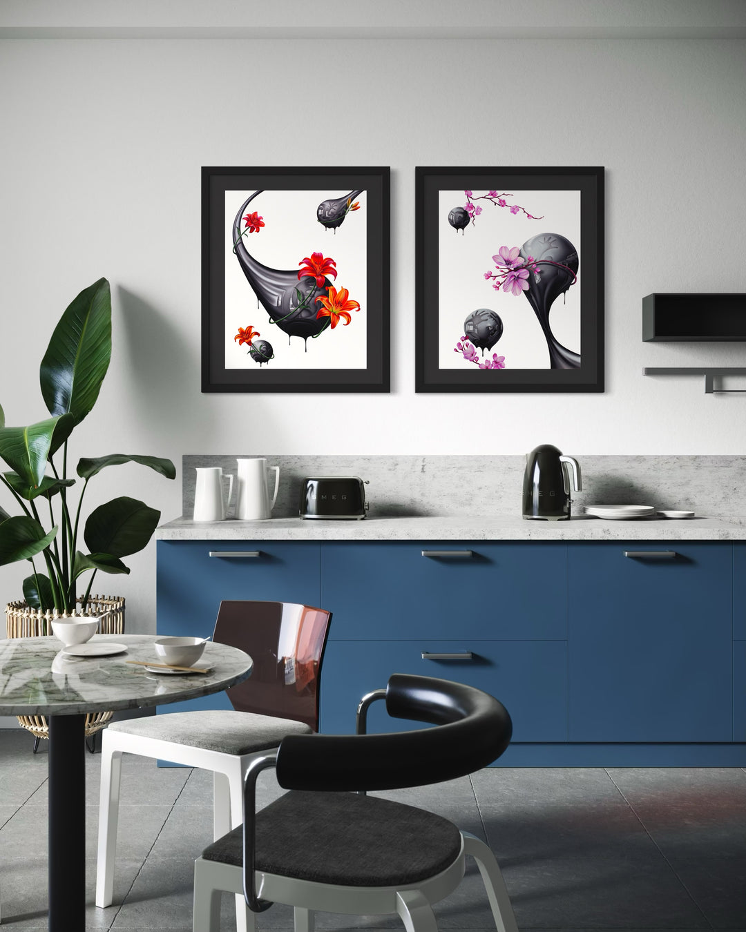 Hand drawn artwork done with pencil and marker, black, reflective drips made of an oil like substance, with pink cherry blossoms surrounding them, on a stark white background.