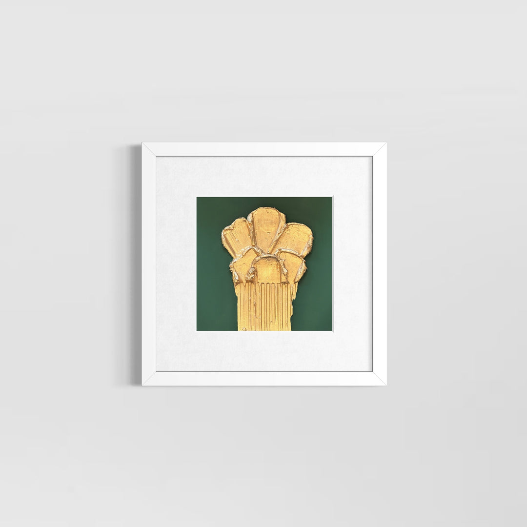 layered gold texture joint compound sculpted with lines running down on matte green dark forrest hunter background abstract minimal floral bouquet 