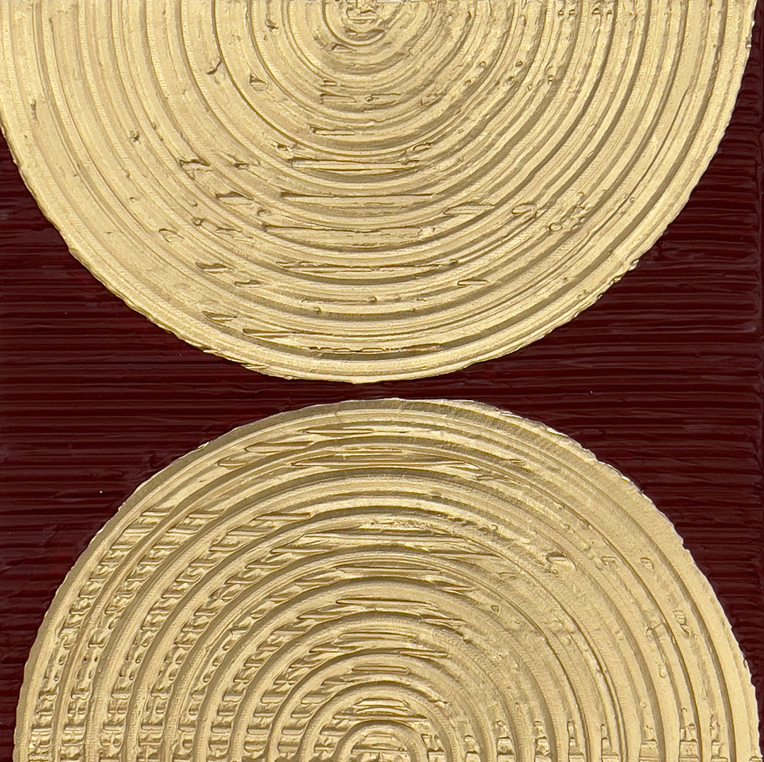 Reflective, Mirror Image, Circle, Textural, Texture, Abstract, Hard Edge, Gold, Maroon, Red, Metalic