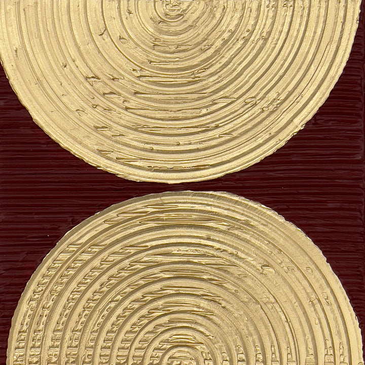Reflective, Mirror Image, Circle, Textural, Texture, Abstract, Hard Edge, Gold, Maroon, Red, Metalic