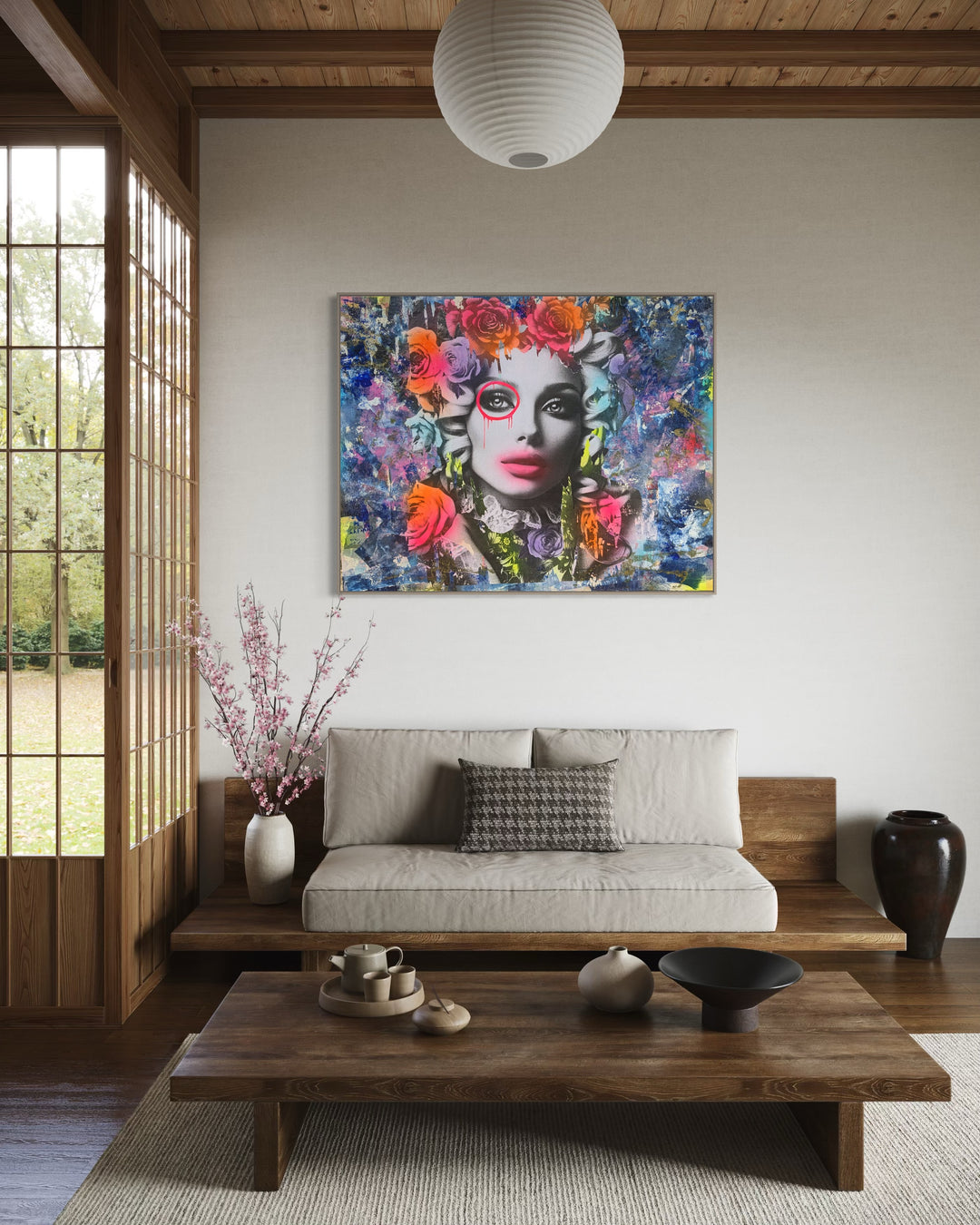 60"W x 48"H Acrylic paint, spray paint, wheat-paste, vintage advertisements, printed fragments on canvas. Woman&