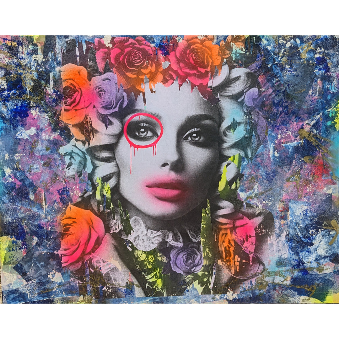 60"W x 48"H Acrylic paint, spray paint, wheat-paste, vintage advertisements, printed fragments on canvas. Woman&