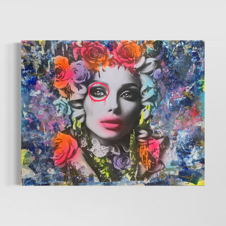 60"W x 48"H Acrylic paint, spray paint, wheat-paste, vintage advertisements, printed fragments on canvas. Woman&
