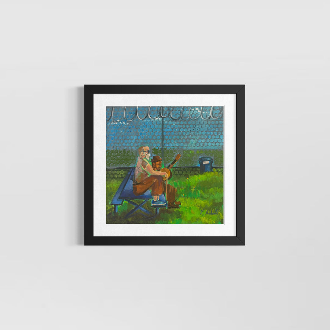 figures sitting in prison yard on bench with guitar acrylic painting