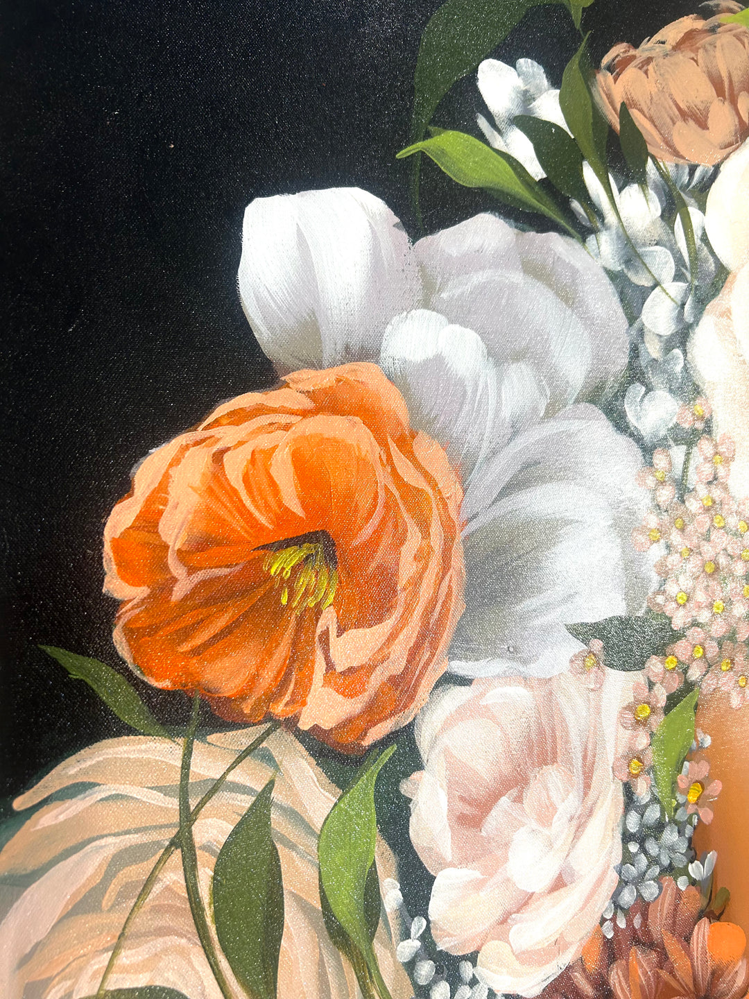 37"W x 50"H Acrylic portrait on canvas. Woman with the upper half of her face covered by colorful flowers that extend to the foreground. 