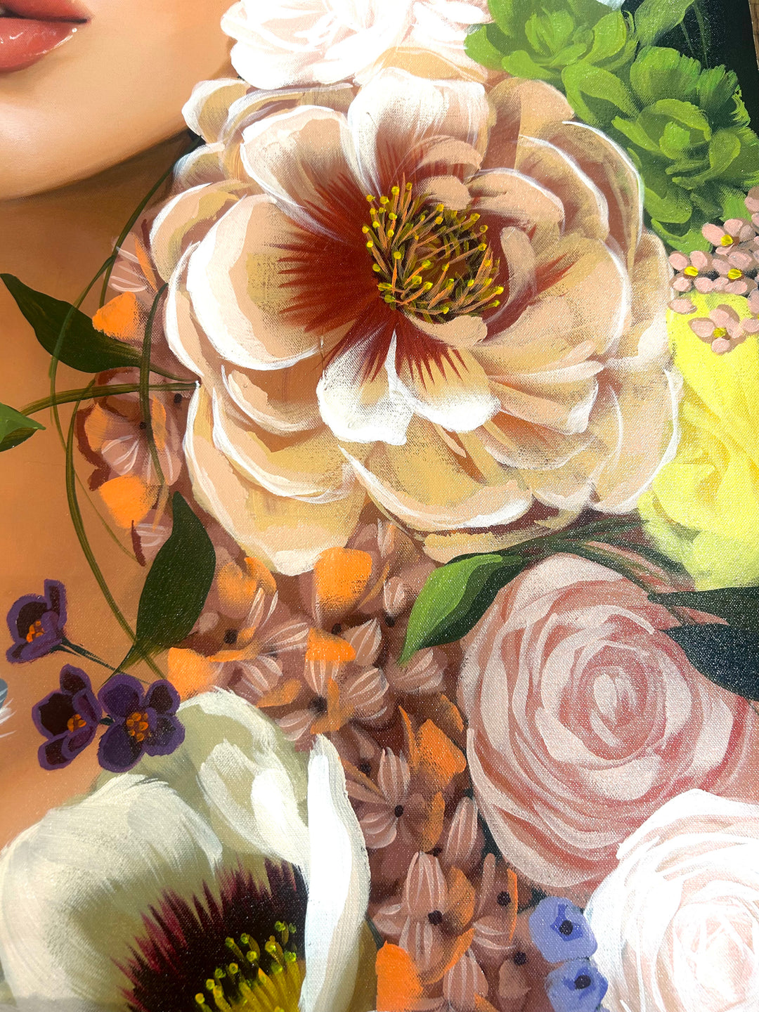 37"W x 50"H Acrylic portrait on canvas. Woman with the upper half of her face covered by colorful flowers that extend to the foreground. 