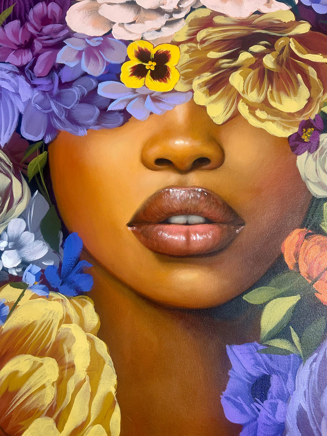37"W x 50"H Acrylic portrait on canvas. Woman with the top half of her face covered in blue, purple and yellow flowers extending to the foreground. 