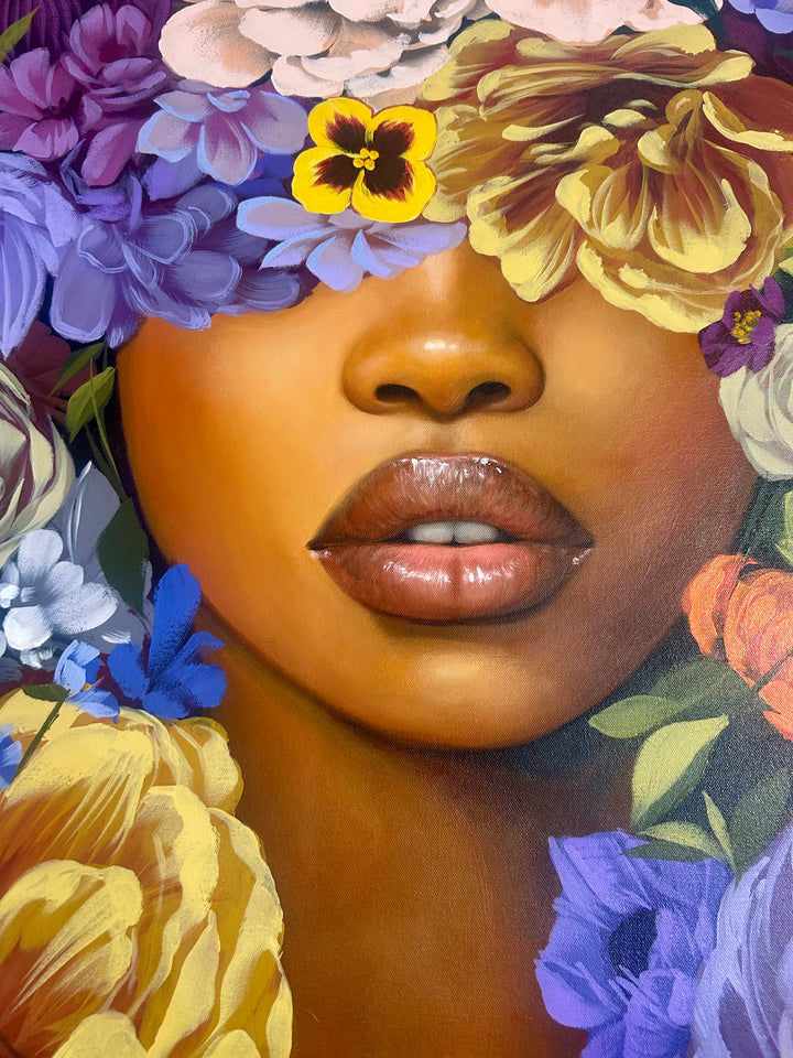 37"W x 50"H Acrylic portrait on canvas. Woman with the top half of her face covered in blue, purple and yellow flowers extending to the foreground. 