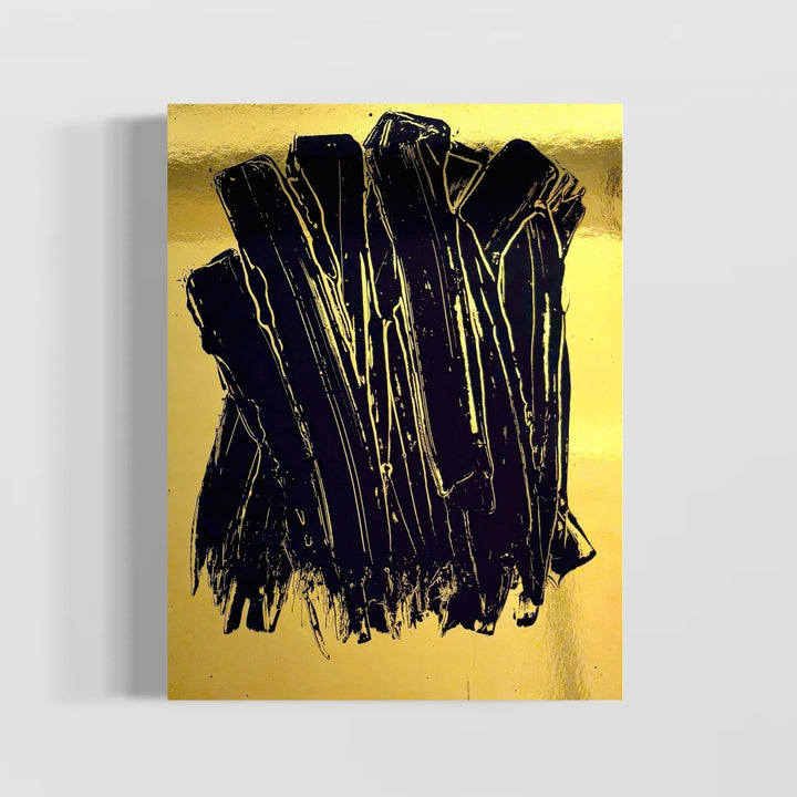 expressionistic long swatches of black paint vertically on shiny reflective smooth gold surface by artist m clark