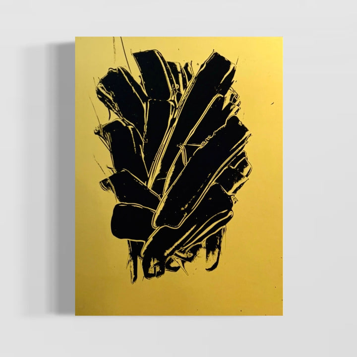 expressive flourishing strokes swatches in black vertical overlapping in black paint in smooth shiny reflective gold surface by m clark