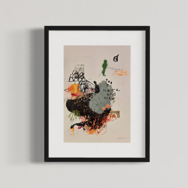 Abstract mixed media artwork on paper by Laurent Dorchin in black, pink, orange, green and white. Organic linework and minimal illustrations with collage and text elements.