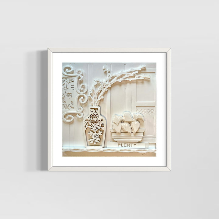 14"x14" layered white paper forming a vase with branches over a wall. 